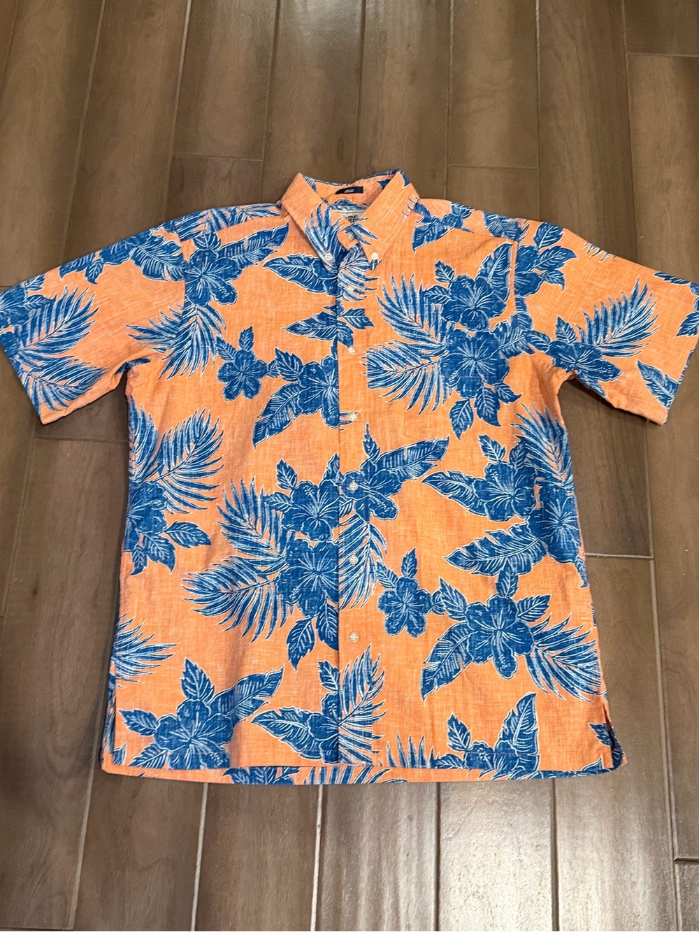 reyn spooner Orange Short-Sleeve Button-Up with Blue Tropical Print